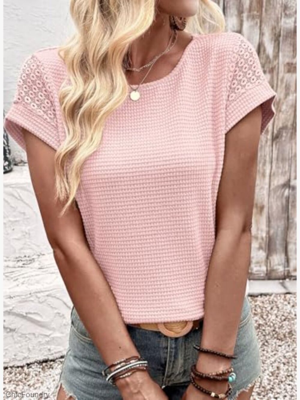 Waffle Knit Lace Sleeve Short Sleeve T-Shirt Loose Fit Summer Top - Picture 5 of 7